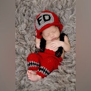 Charming Red Firefighter Baby Hat and Pants Set
